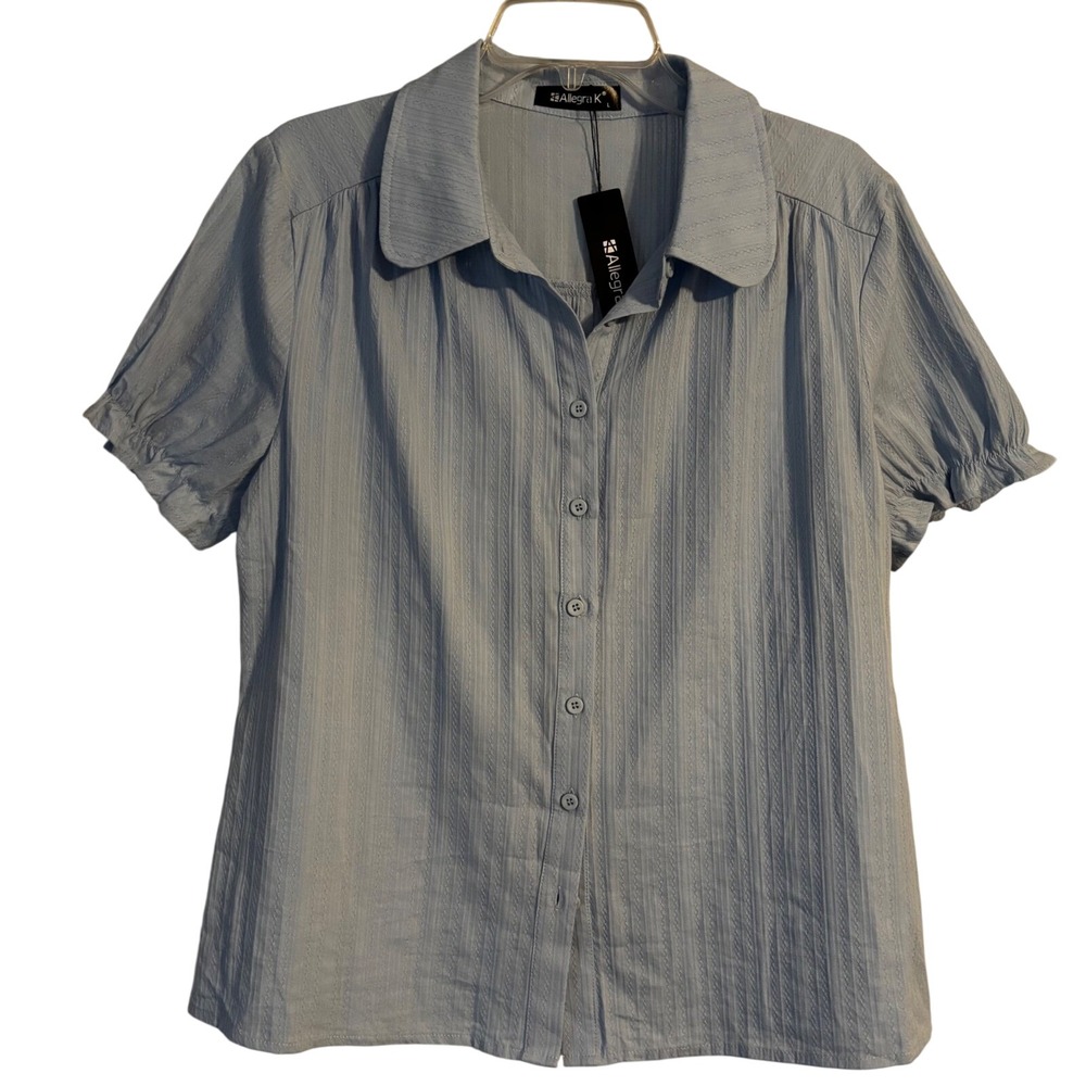 Allegra K Short Sleeve Button Down Blouse withBubble Sleeves Women's Large (B33)